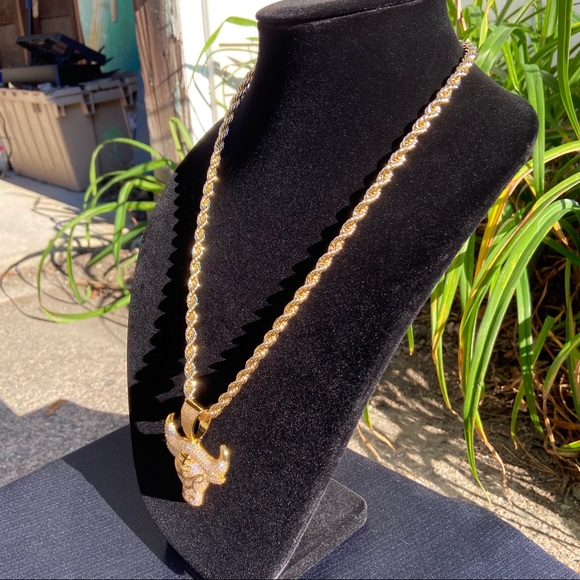 Gold Chain Rope Chain and Icy Bull Pendant Set - Picture 3 of 10